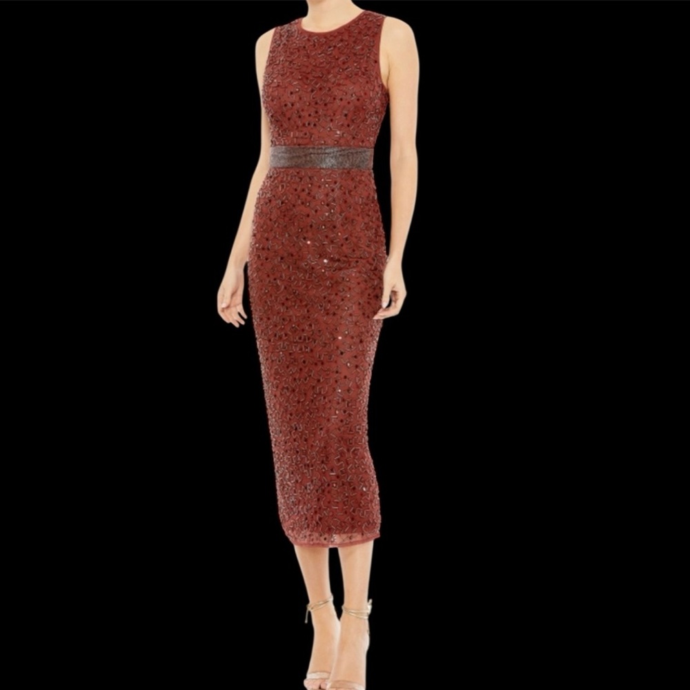Mac Duggal Beaded Midi Dress Cocktail Formal 93758 Brick Burgundy NWT